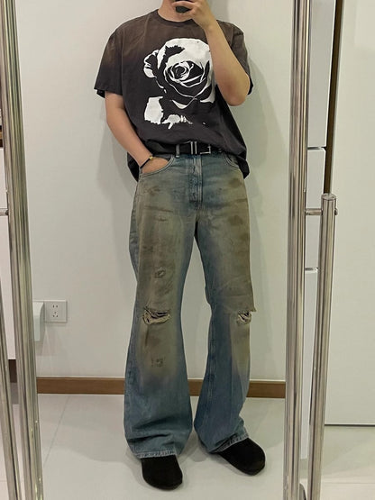 Small old washed dirty pants flared jeans spring and summer new straight loose casual versatile long pants