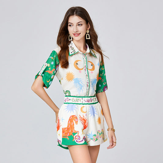 Popularan station set women's summer printed heavy industry beaded shirt + rubber band waist shorts two-piece set, with lining