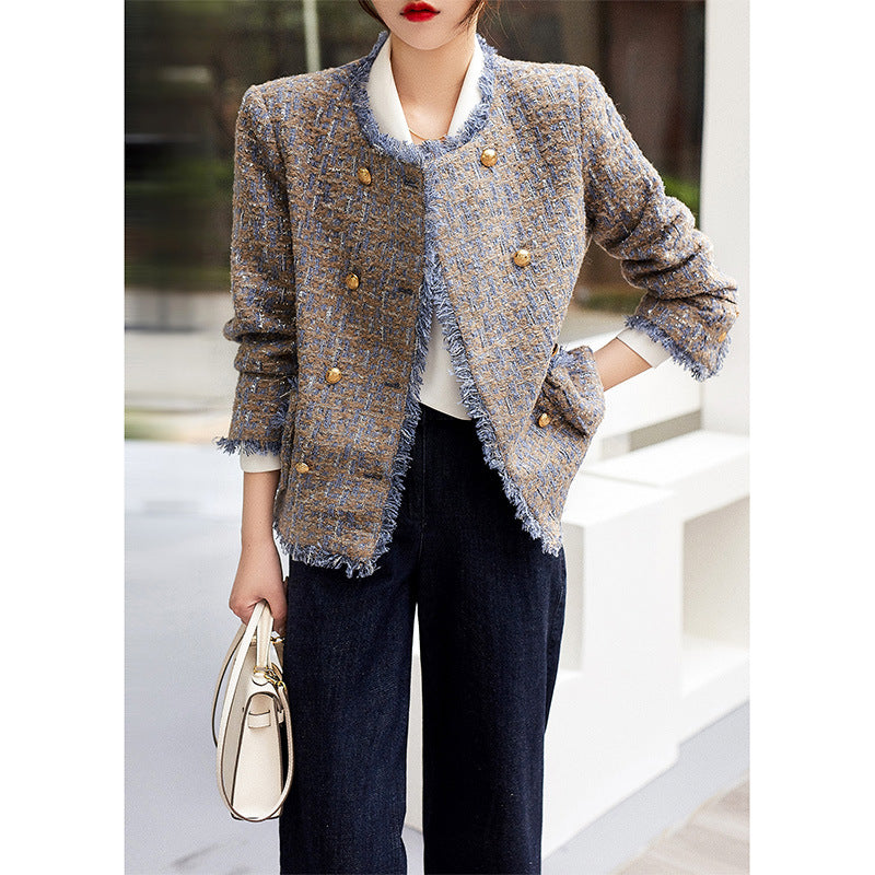 2025 Wool high-end small fragrant jacket, rough edge double-breasted, spring women's clothing short spring and autumn tweed women's top