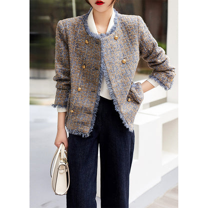 2025 Wool high-end small fragrant jacket, rough edge double-breasted, spring women's clothing short spring and autumn tweed women's top