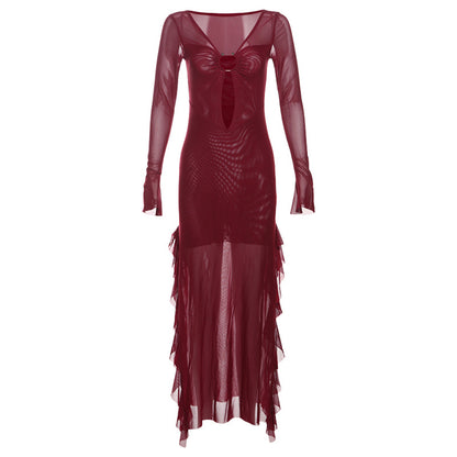 2025 style popular autumn new women's clothing red sexy deep V waist high split long-sleeved dress