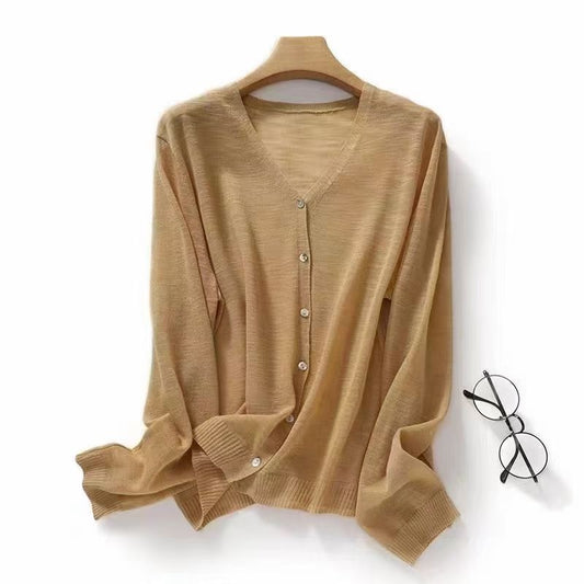 Thin bamboo and hemp short knitted cardigan jacket for women's  summer imitation ice silk hollow sunscreen air-conditioning shirt for women