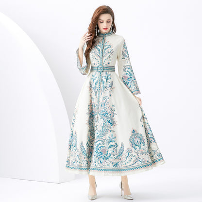 popular new  retro court style printed dress for women's high-end feeling loose waist horn sleeve dress skirt