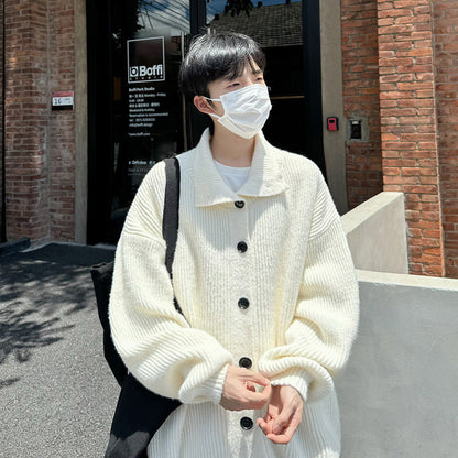 saferido winter outfits men Retro Simple Cardigan Sweater American Lazy Style Knitwear Autumn Long Sleeve Half Turtleneck Hy615tp60 White