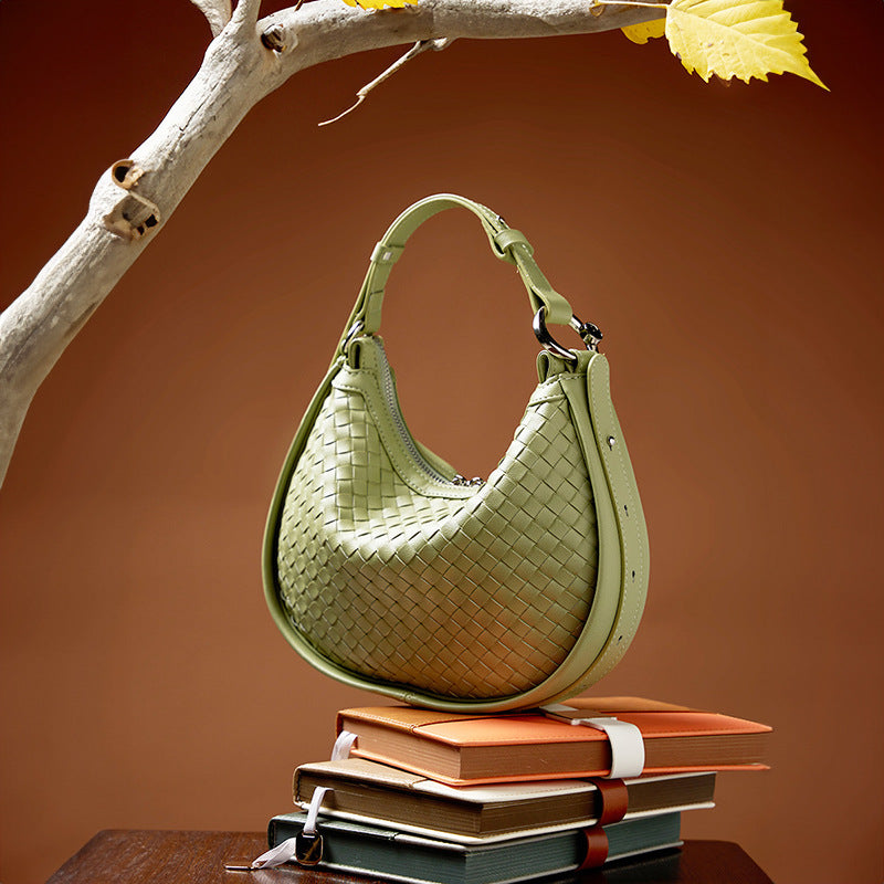 popular early spring new niche cowhide woven handbag fashion underarm bag women's shoulder messenger bag crescent bag