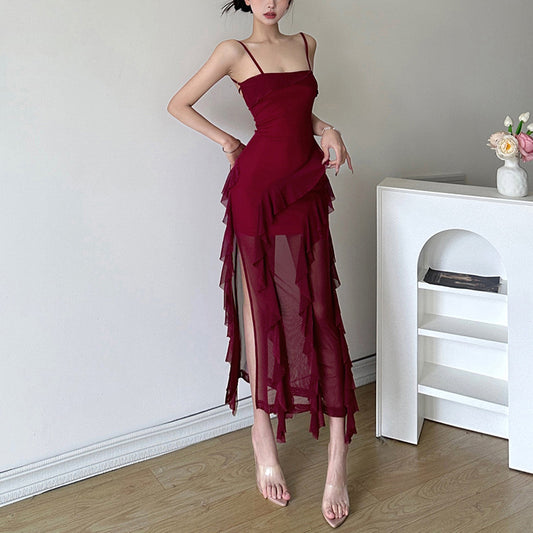 2025 style popular summer new women's clothing fashionable and sexy fungus edge splicing temperament split dress