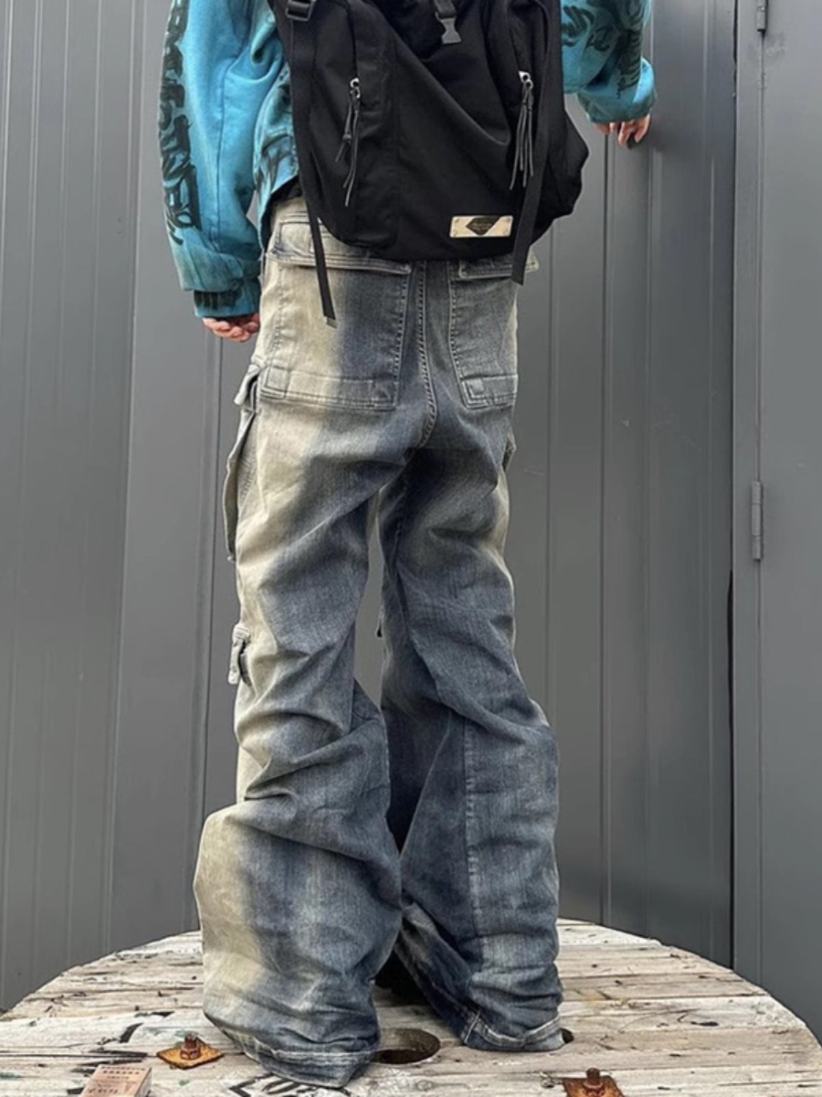 American style washed distressed multi-pocket workwear jeans for men spring and summer new loose casual versatile wide-leg pants