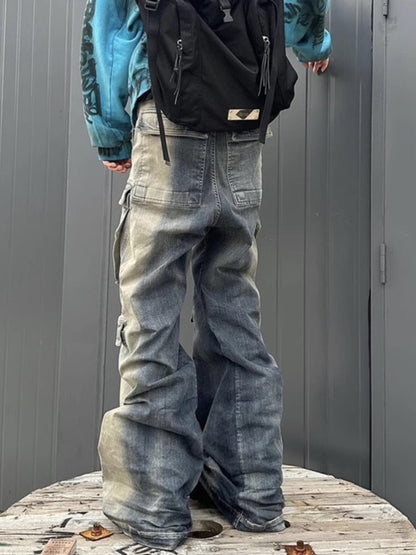 American style washed distressed multi-pocket workwear jeans for men spring and summer new loose casual versatile wide-leg pants