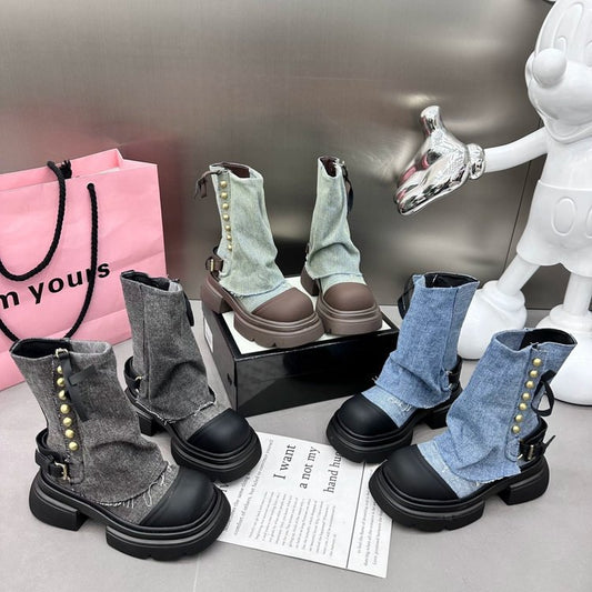 2025 Western denim cloth pants tube boots knight martin boots women's autumn and winter popular short boots children thick heel