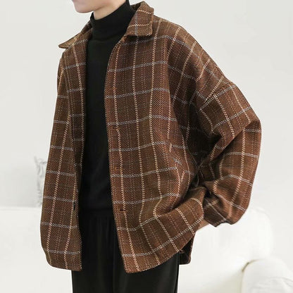 saferido      -shop mens fashion Autumn and Winter Woolen Plaid Jacket Men's Loose Korean Chic Retro Hong Kong Style Trendy Casual All-Matching Top Jacket