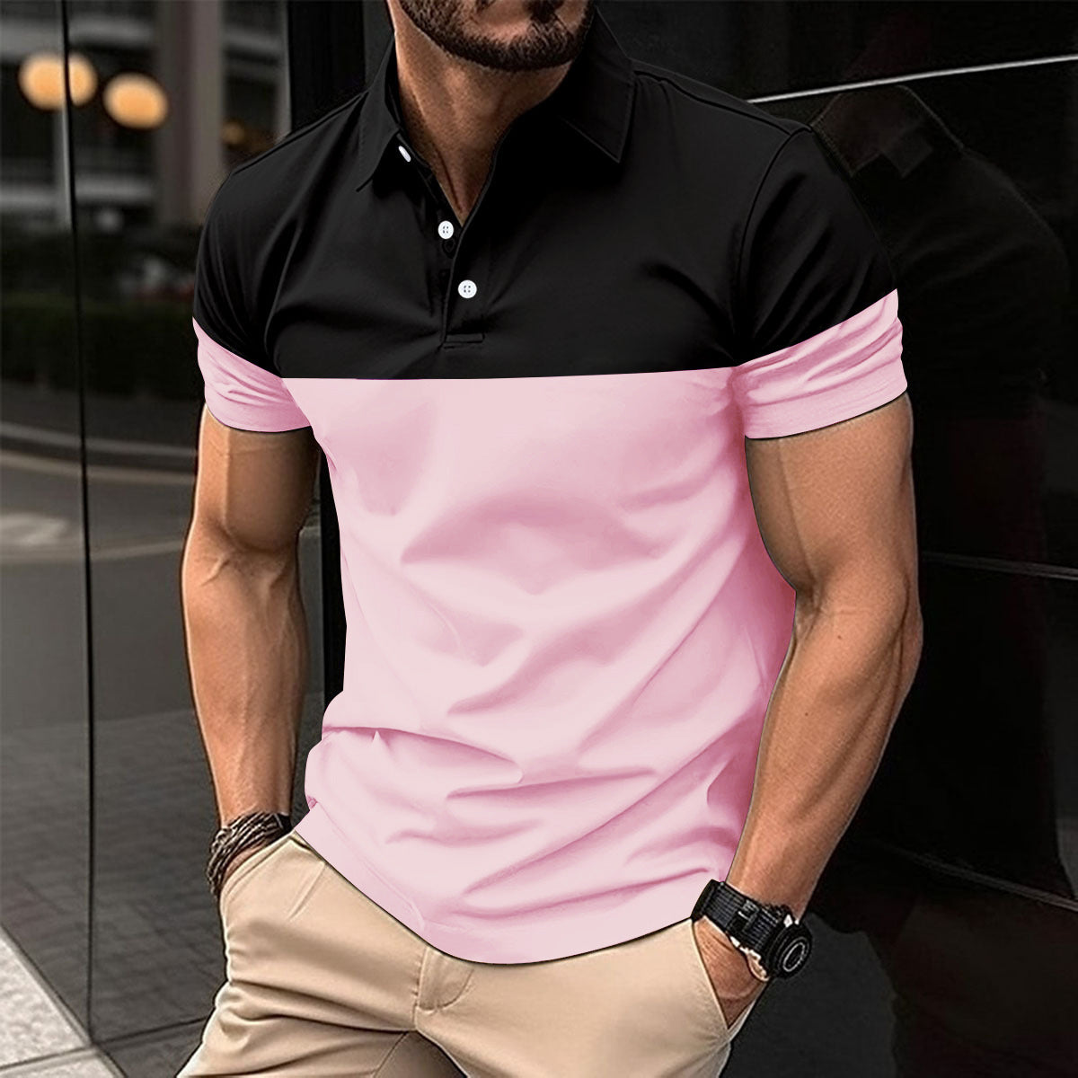 new  men's casual POLO shirts fashionable V-neck buttons business color matching all-match T-shirt tops