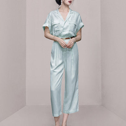 Summer women's  new light blue tooling wind cotton and linen jumpsuit jumpsuit wide-leg pants nine-point pants