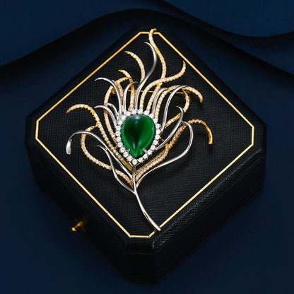 2025 Elegant atmosphere fashion coat coat corsage female emerald two-color electroplated zircon inlaid peacock feather brooch