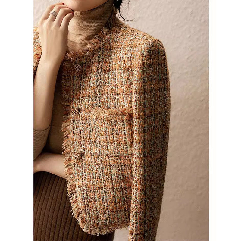 2025 Heavy sense of high-end, small fragrant coat, textured round neck rough edge tweed spring and autumn  spring short women's clothing