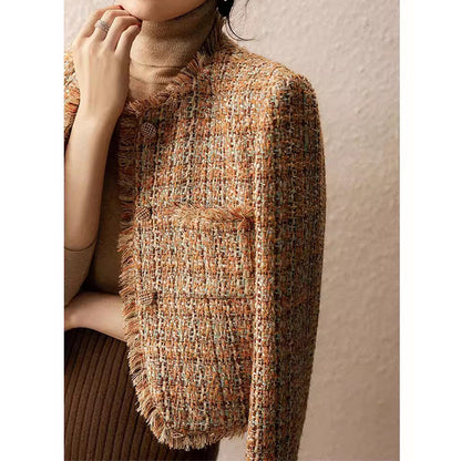 2025 Heavy sense of high-end, small fragrant coat, textured round neck rough edge tweed spring and autumn  spring short women's clothing