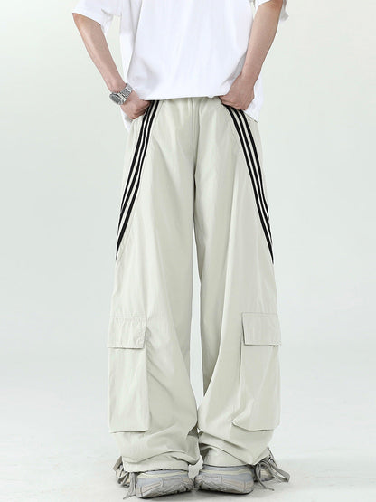 American striped quick-drying assault pants men's summer trendy brand stitching large pocket overalls high street straight quick-drying trousers