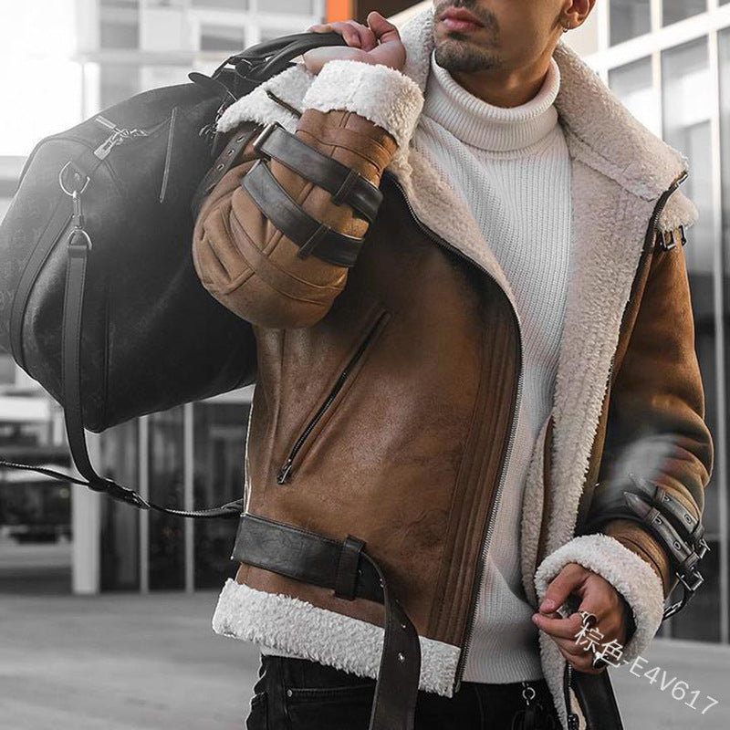 2025 supply   lamb wool lapel zipper PU fur integrated coat loose casual men's jacket