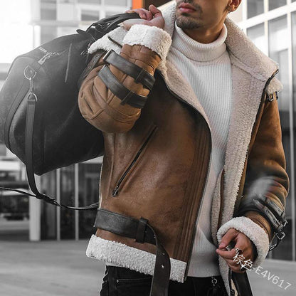 2025 supply   lamb wool lapel zipper PU fur integrated coat loose casual men's jacket
