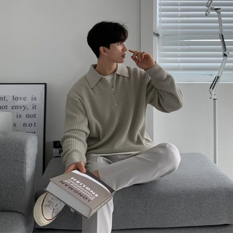 saferido      -shop classy outfits men Korean Style High-Grade Cleanfit Half Zipper Lapel Polo Sweater Men's Early Autumn New Casual Knitted Top