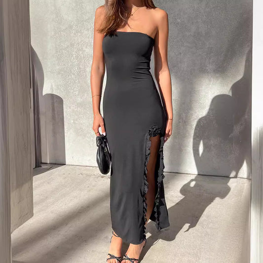 SAFERIDO 2025 popular  style summer new New explosive fungus edge side split tube top dress sexy Spice Girls women's clothing