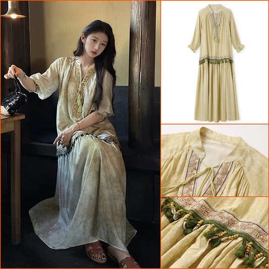 National style retro ethnic style design long dress  summer webbing drawstring high-end light luxury dress women N4080