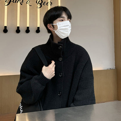 saferido winter outfits men Retro Simple Cardigan Sweater American Lazy Style Knitwear Autumn Long Sleeve Half Turtleneck Hy615tp60 White