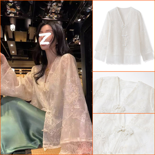 New new Chinese style embroidered thin Tencel jacket women's solid color temperament high-end light luxury top M4102