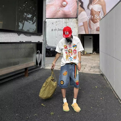 saferido 90s streetwear American Retro Creative French Fries Hot Dog Towel Embroidered Denim Shorts Men's and Women's High Street Straight Loose Wide-Leg Shorts