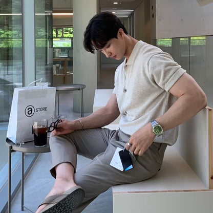 saferido      -shop mens fashion Short-Sleeved Men's Summer New Trendy Men's All-Match Polo Shirt Casual Lapel T-shirt Lazy Style Cardigan Knitted T-shirt Trendy