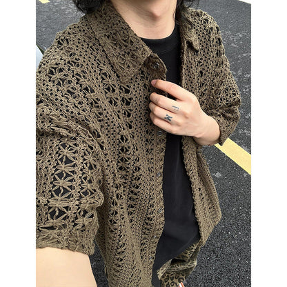 Cleanfit Army Green Hollow Knit Sweater Men's Short Sleeve Summer New American Retro Holiday Style Lapel Half Sleeve