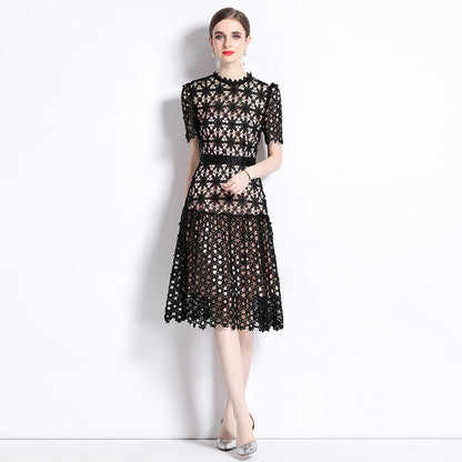 Light and mature style design sense  retro niche sexy hollow lace short-sleeved dress women's summer  new