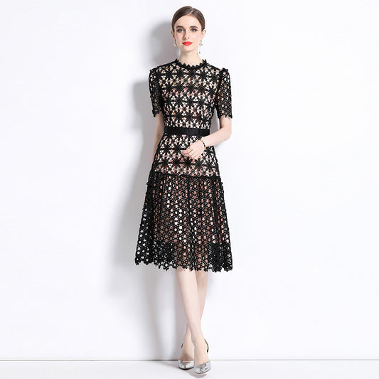 Light and mature style design sense  retro niche sexy hollow lace short-sleeved dress women's summer  new