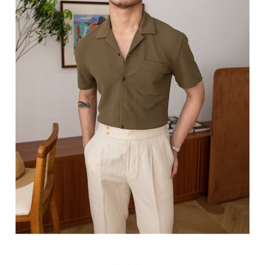 saferido      -shop hoco outfits for guys Five-Quarter Sleeve Trendy Summer Shirt Japanese Men's Standard Cuban Collar Youth Popular Lazy New Solid Color