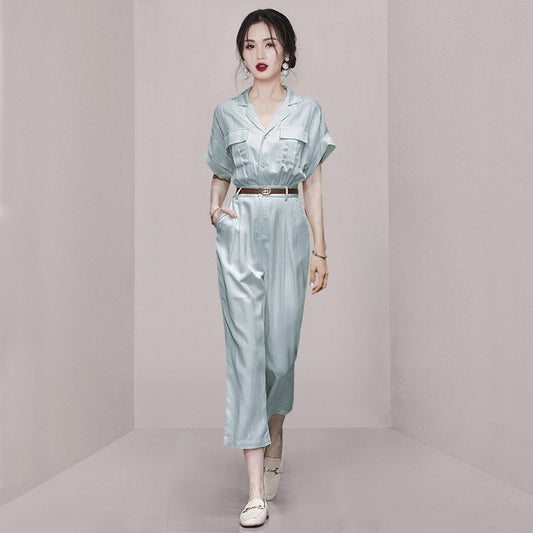 Summer women's  new light blue tooling wind cotton and linen jumpsuit jumpsuit wide-leg pants nine-point pants