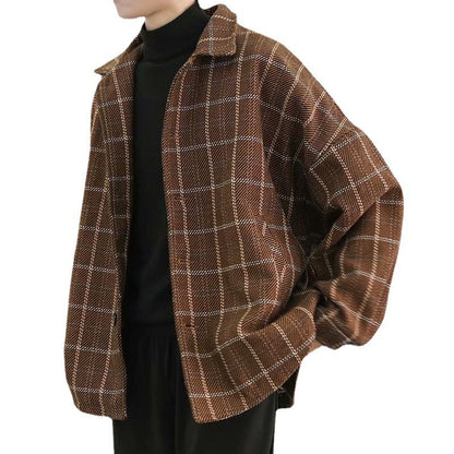 saferido      -shop mens fashion Autumn and Winter Woolen Plaid Jacket Men's Loose Korean Chic Retro Hong Kong Style Trendy Casual All-Matching Top Jacket