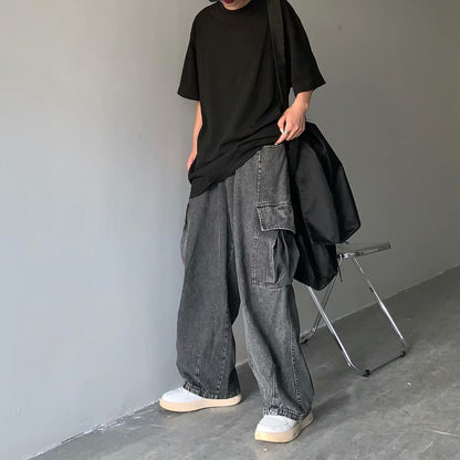 saferido 90s fashion men INS Japanese Style Street Retro Draping Loose Wide Leg Casual Large Pocket Workwear Denim Washed Dad Pants Men and Women