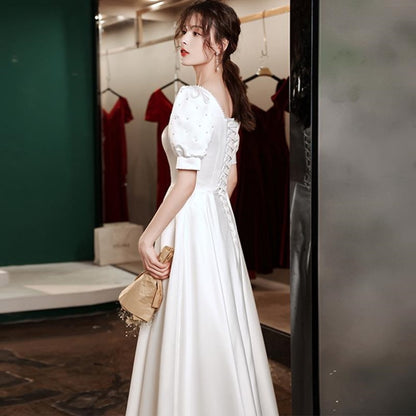 Simple satin light wedding dress  new  retro Hepburn style bride Mori travel photo go out yarn super fairy