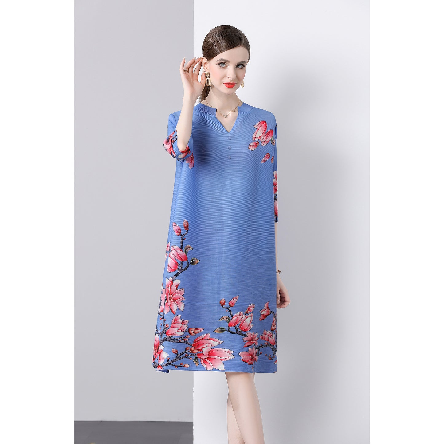 Pleated printed dress popular autumn dress new temperament large size a word new national style skirt female mother dress