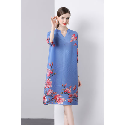 Pleated printed dress popular autumn dress new temperament large size a word new national style skirt female mother dress