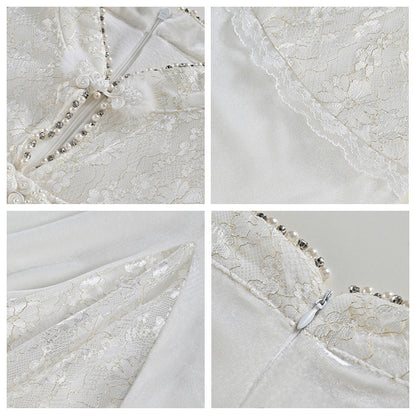 2025 new high-end design sense of national style white buckle lace splicing hip mermaid dress LZ074