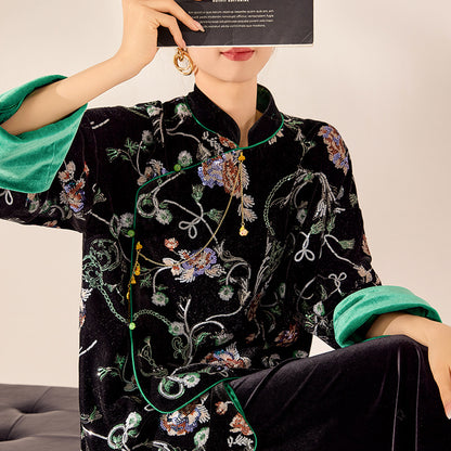 New Chinese  new high-end embroidered design top spring black buckle light luxury coat women's N2001