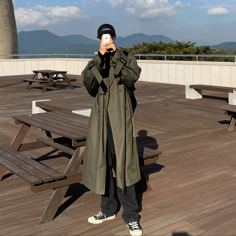 saferido mens fall fashion Autumn and Winter New Men's Mid-Length Trench Coat Korean Handsome Yupi Coat British Style Coat
