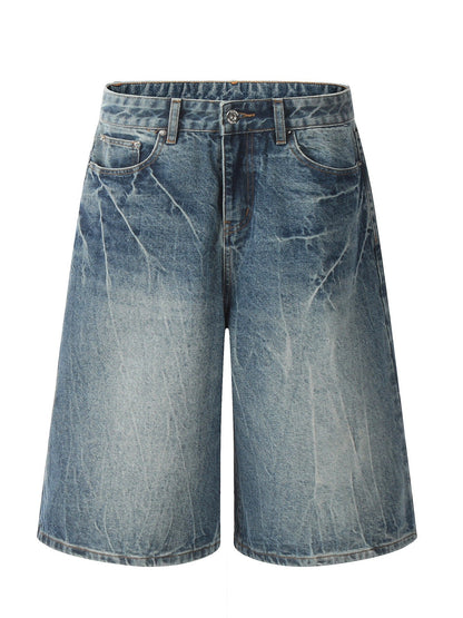 American retro distressed blue lightning denim shorts men's summer new loose straight wide-leg cropped pants drape