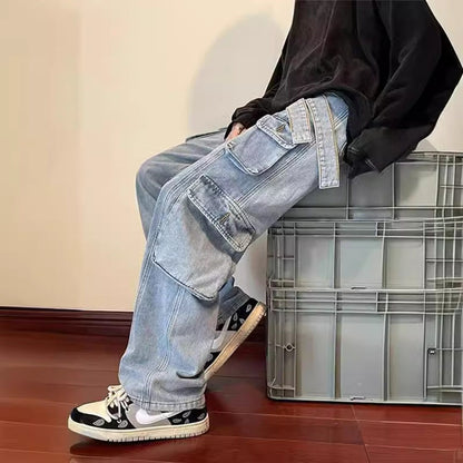saferido streetwear men outfits Hong Kong Style Functional Multi-Pocket Overalls Men's American Casual Ins High Street Spring and Autumn Boys Wide Leg Denim