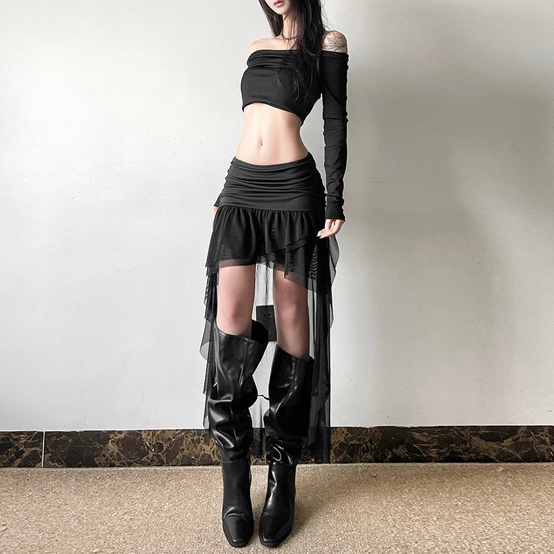 Cross-border 2025 style popular autumn new women's clothing light tulle cascade design pure black mesh slim skirt
