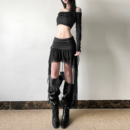 Cross-border 2025 style popular autumn new women's clothing light tulle cascade design pure black mesh slim skirt