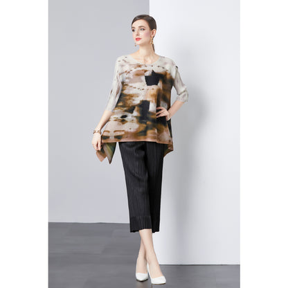 Popular style suit women's niche high-end sense loose elastic pleated printed top + high-waisted wide-leg casual pants