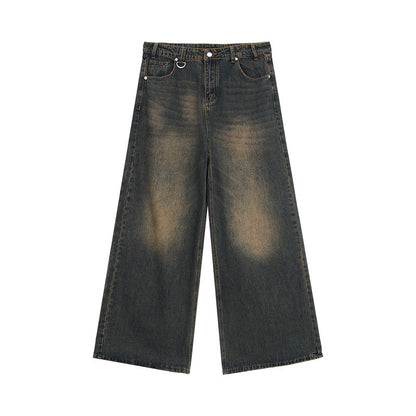 Niche worn and distressed retro washed straight jeans men's autumn new loose versatile wide-leg mopping trousers