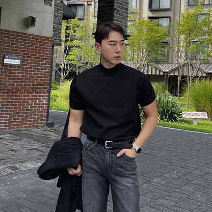 saferido      -shop black men fashion urban Black Half Turtleneck Pullover Knitted T-shirt Men's American-Style Men's Short-Sleeved Sweater Trendy Slim Bottoming Half-Sleeved Shirt