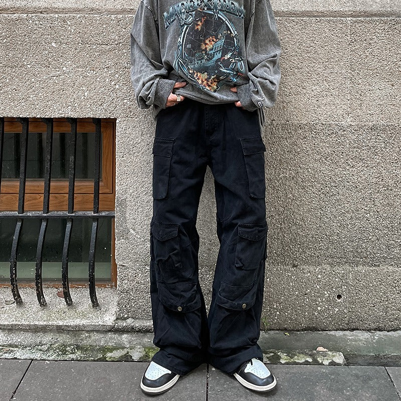 saferido outfits for men American Vibe Style Street Multi-Pocket Workwear Casual Pants Men's Ins Loose Straight High Street Retro Trousers